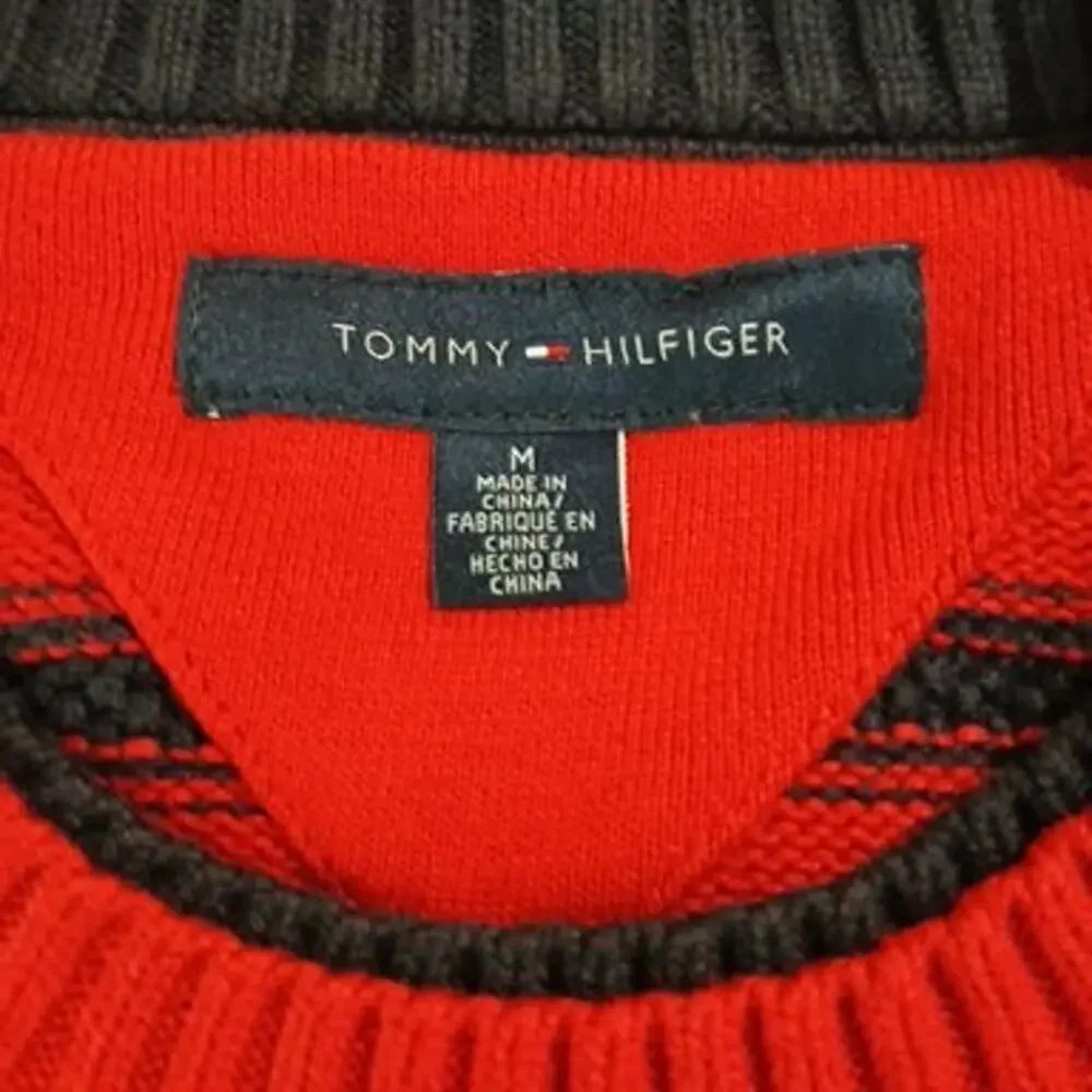 Tommy Hilfiger Men's Medium Red/Blue Striped 100% Cotton Long-Sleeved Sweater